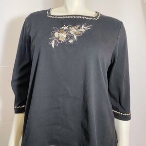 Alfred Dunner Black Embroidery Long Sleeve Top L